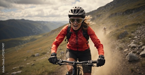 Thrilling Descent Witness the Excitement as a Young Woman, Helmet and Goggles in Place, Speeds Downhill on a Mountainbike. Captured in Dynamic 4K HD Through a 50mm Lens