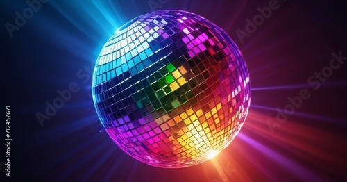 disco ball, against the backdrop of a dark space illuminated by multi-colored rays of light. Festive and lively atmosphere, typical for dancing or parties.