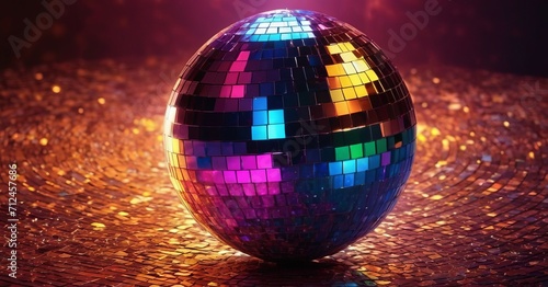 disco ball  against the backdrop of a dark space illuminated by multi-colored rays of light. Festive and lively atmosphere  typical for dancing or parties.