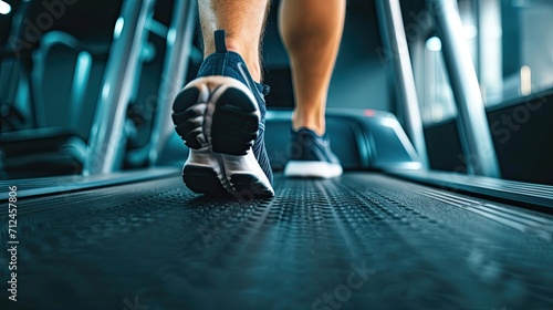 Close up of feet, sportman runner running on treadmill in fitness club. The individual, a dedicated athlete, is actively training in the gym, emphasizing a commitment to a healthy lifestyle. © David