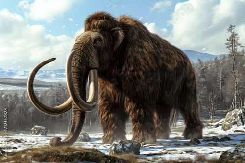 Portrait of a wolly mammoth in a tundra landscape
