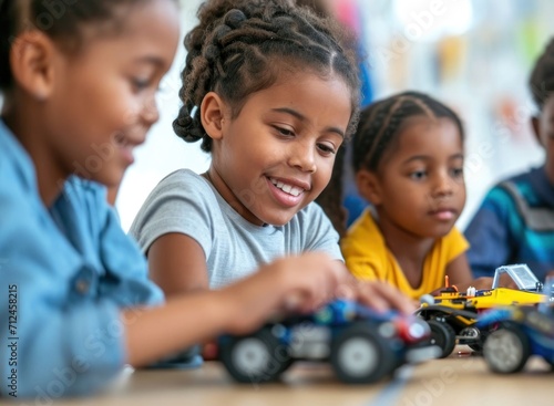 Diverse Group of Elementary School Children Engaged in Toy Car Play Generative AI