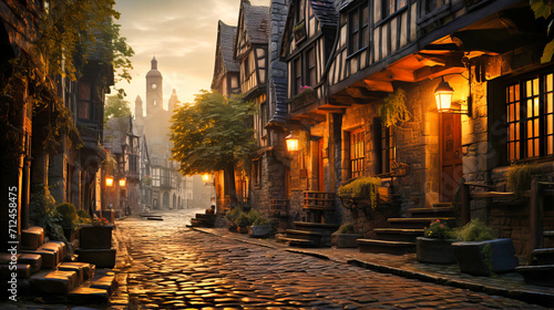 Enchanting Alsatian Alley: Traditional European Street with Half-Timbered Houses, Flowers, and Cobblestone Path.