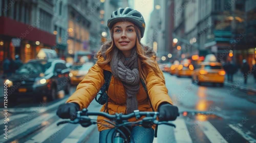 Photo of a woman on a bicycle on a city street