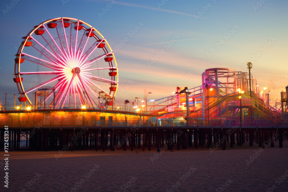 Nighttime Splendor: Funfair and Ferris Wheel in Los Angeles
