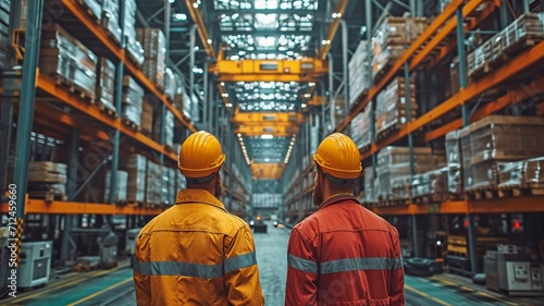 The engineering crew loads cargo into a transportation ship, moves inventory cardboard boxes in the factory distribution warehouse,