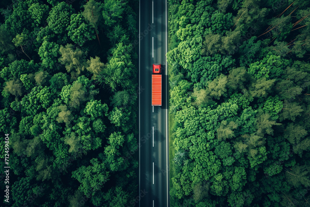Aerial perspective: Hydrogen energy truck and electric car on highway in green forest. Sustainable transport showcased in a top view, promoting eco-friendly driving. Aerial perspective: Hydrogen energy truck and electric car on highway in green forest. Sustainable transport showcased in a top view, promoting eco-friendly driving.