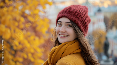 Russian Woman with Autumn City Backdrop Smile