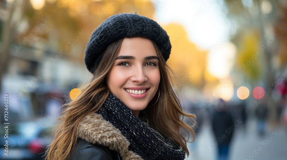 French Woman Smiling in Autumn Cityscape French Woman Smiling in Autumn Cityscape