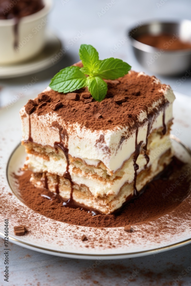 tiramisu Italian dessert topped with a sprig of mint served on a plate at table in a side view. ai generated tiramisu Italian dessert topped with a sprig of mint served on a plate at table in a side view. ai generated