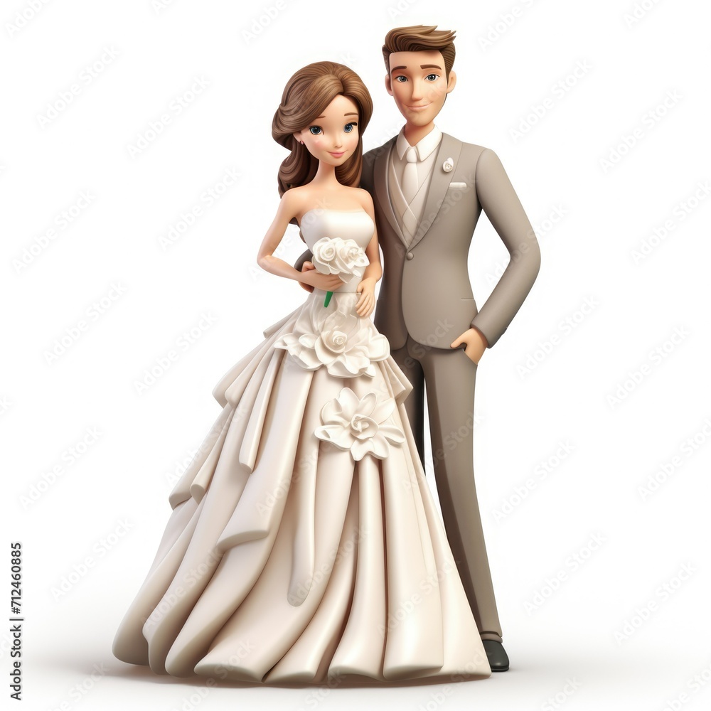 3d Wedding couple. A wife and a bride. Love. Wedding. White dress and suit. Figurine on the cake. Postcard. Invitational