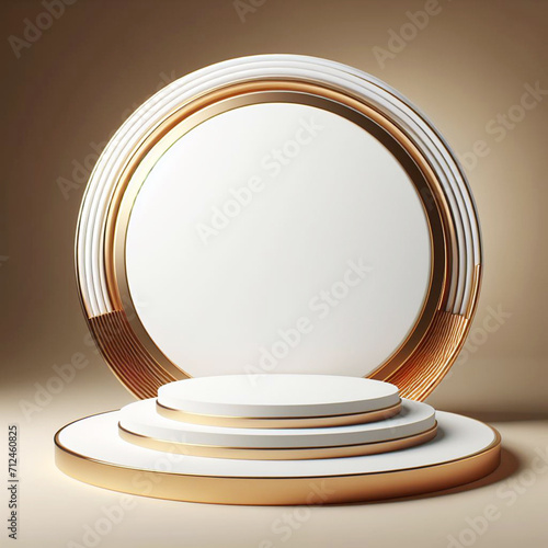 3D rendering of empty round white and golden podium abstract luxury for show best product Ai generative.