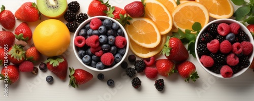 Horizontal banner with fruits and berries on white background generated AI