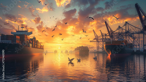 bustling dock with ships anchored, containers being loaded, and cranes in operation, during a vibrant sunset with seagulls flying overhead