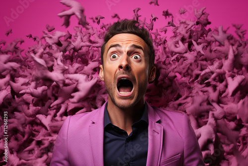 A man conveying a mix of emotions, from curiosity to surprise, against a dynamic pink monochrome background.