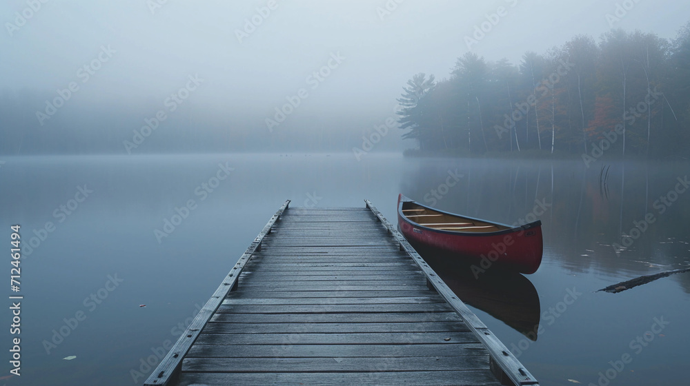 Obraz premium deserted wooden dock extending into a still lake, surrounded by dense fog in the early morning, with a canoe resting beside