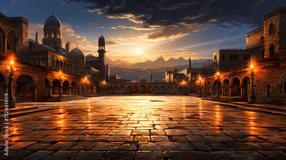 Venetian Twilight Charm: Silhouette of a Mosque at Sunset in Cairo, Egypt, with Minaret and Ancient Architecture