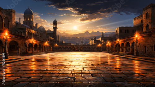 Venetian Twilight Charm: Silhouette of a Mosque at Sunset in Cairo, Egypt, with Minaret and Ancient Architecture photo