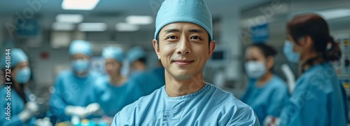 A hospital operating room features a portrait of a masculine Asian surgeon performing surgery. photo