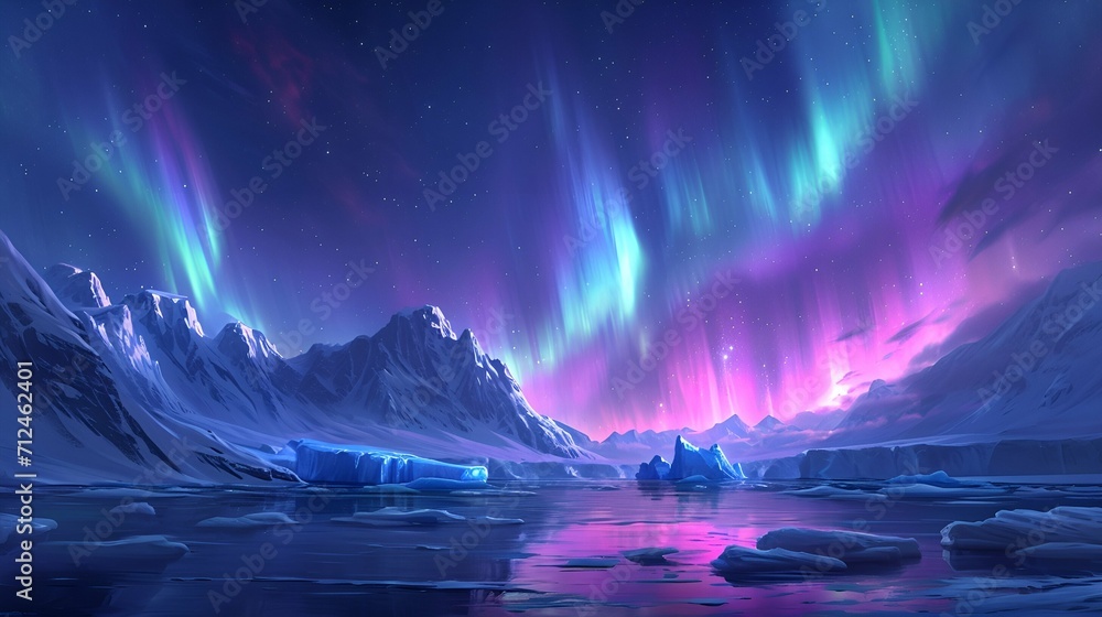 An Arctic wonderland adorned with shimmering icebergs, as the northern lights dance above, painting the night sky with ethereal colors.