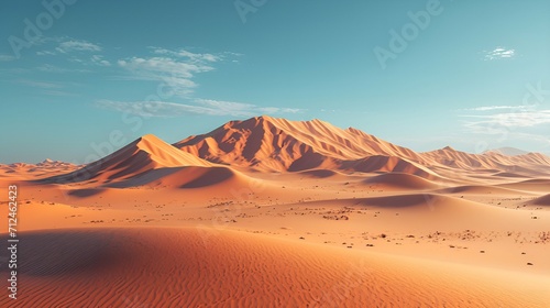 A surreal desert landscape  where towering dunes meet a cloudless sky  creating an otherworldly contrast of warm hues and vast emptiness. 