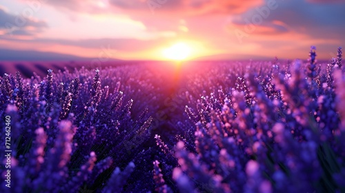 Endless fields of lavender stretching towards the horizon, bathed in the soft glow of a setting sun, invoking a sense of tranquility and romance.