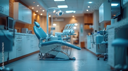 Dental equipment in dentist office in new modern stomatological clinic room. Background of dental chair and accessories used by dentists in blue. photo