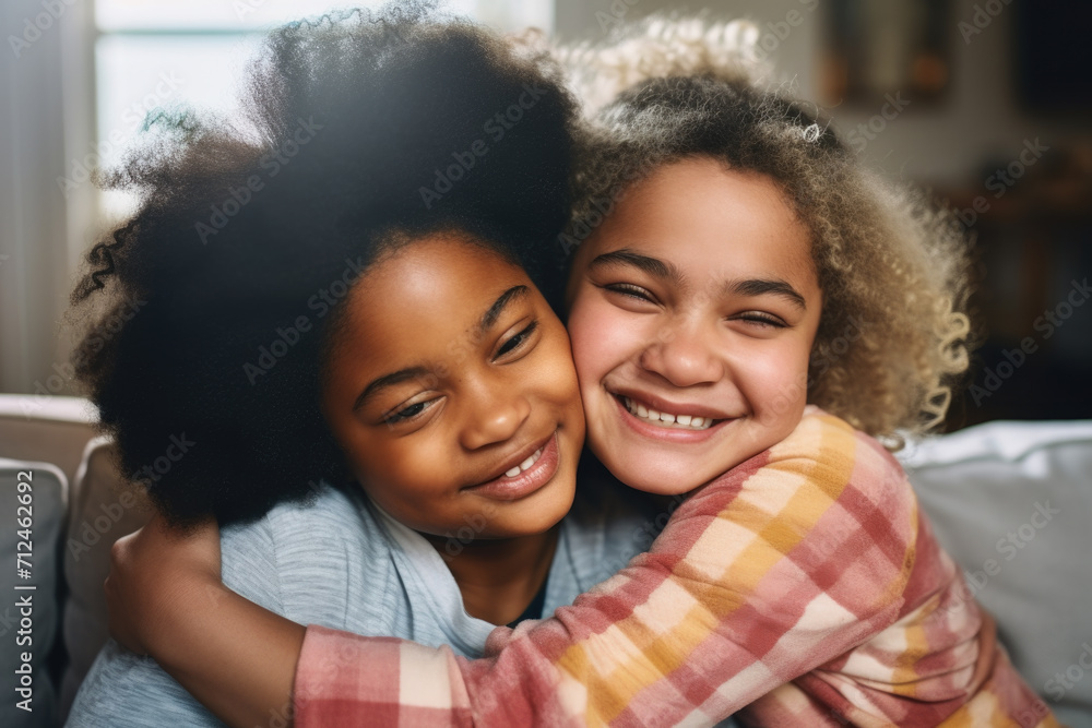 Girls Hugging on Couch Girls Hugging on Couch