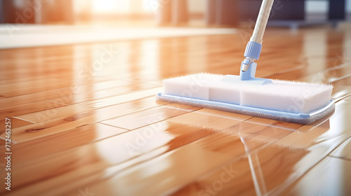 Floor cleaning with mob and cleanser foam. Cleaning tools on parquet floor, digital ai