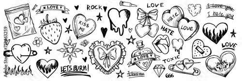 Doodle love grunge rock set, vector graffiti groovy punk heart print kit, emo gothic hand drawn sign. Marker scribble sticker, crayon wax paint collage icon, lips. Romantic Valentine Day heart doodle
