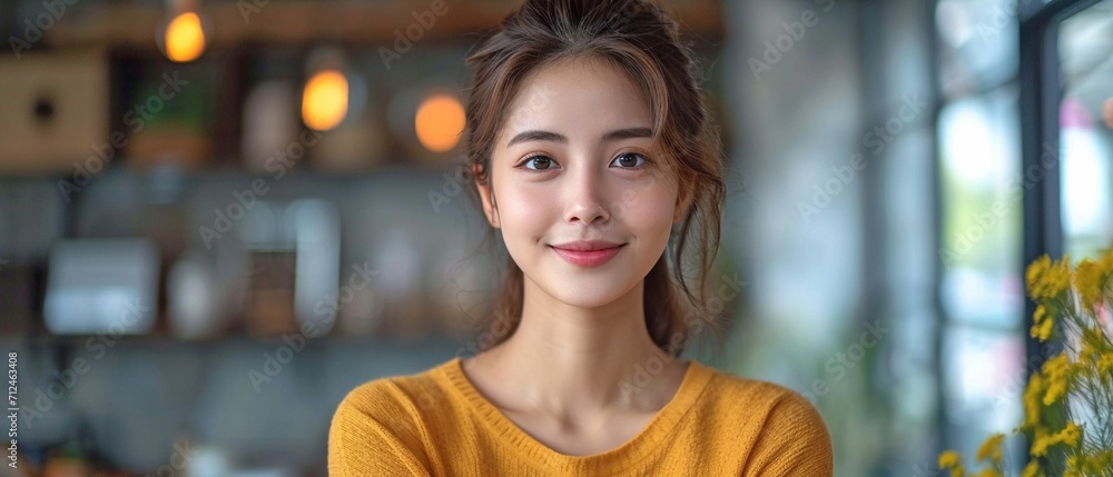 picture of a contented, relaxed, and grinning beauty Asian lady pointing pointer at advertisement banner copyspace to introduce new product