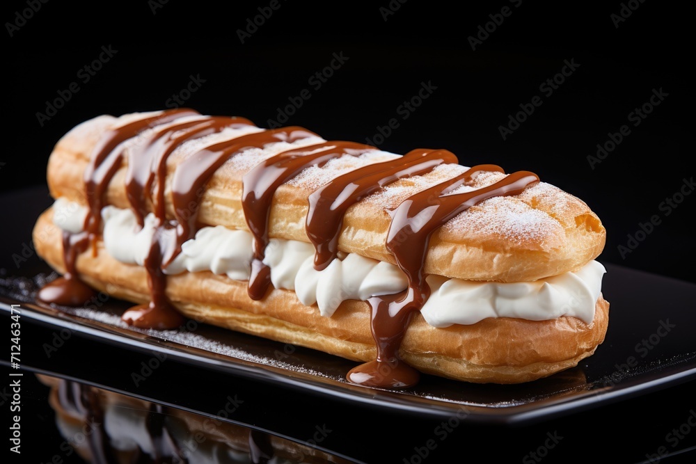 Eclair isolated on dark background. Traditional French pastry. Eclair with cream filling. ai generated Eclair isolated on dark background. Traditional French pastry. Eclair with cream filling. ai generated