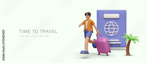 Time to travel. Male character runs with suitcase. 3D giant passport, palm tree on yellow background. Concept of modern tourism. Vacation at resort. Voyage to other countries, sightseeing