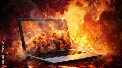 Burning laptop and keyboard, equipment fire due to faulty battery and wiring. Laptop Computer setting the world on fire.