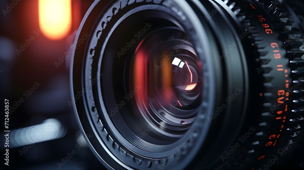 Video camera lens close up. 21 to 9 aspect ratio - obrazy, fototapety, plakaty 