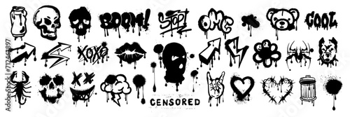 Street spray graffiti element set, sticker kit balaclava, vector grunge etro urban ghetto print. Gangster tattoo kit, underground can hip-hop sign, heart, skull silhouette, arrow. Street graffiti photo