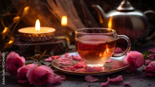 Elegant Rose Tea in Glass Mug with Floral Decor