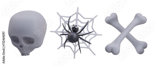 Collection of scary items for Halloween concepts. Realistic human skull, crossbones, spider on web. Elements for design with skeletons. Isolated vector objects