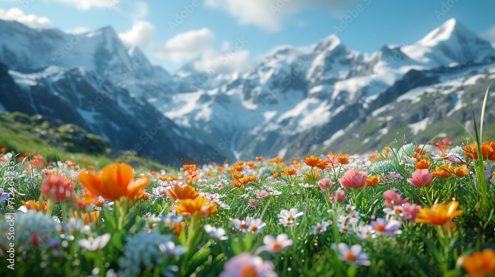 A pristine alpine meadow dotted with vibrant alpine flowers, surrounded by snow-capped peaks, offering a breathtaking glimpse of high-altitude beauty. - obrazy, fototapety, plakaty 