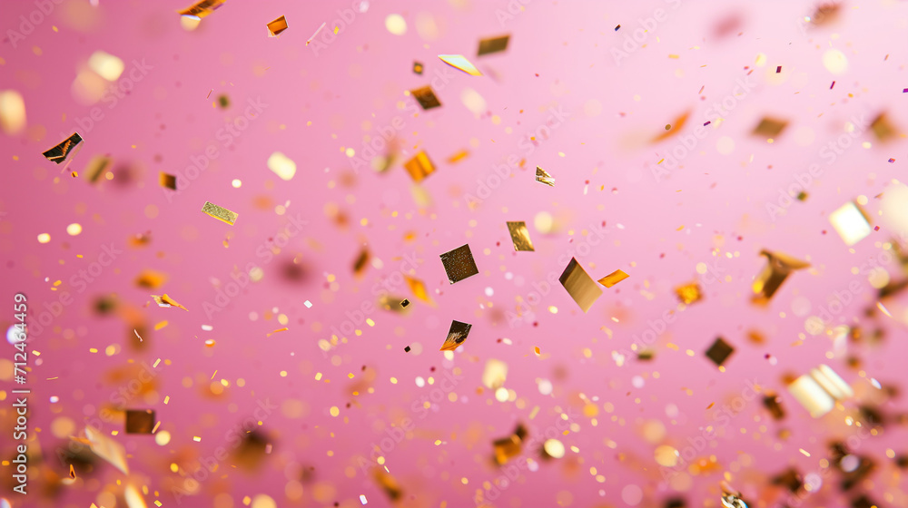 Digital image of gold confetti falling against a pink background ...