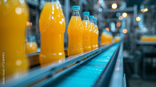 Conveyor belt, juice in bottles, beverage factory interior in blue color, industrial production line, Bottles on Conveyor Belt in Factory, Beverage factory, drink production line process.