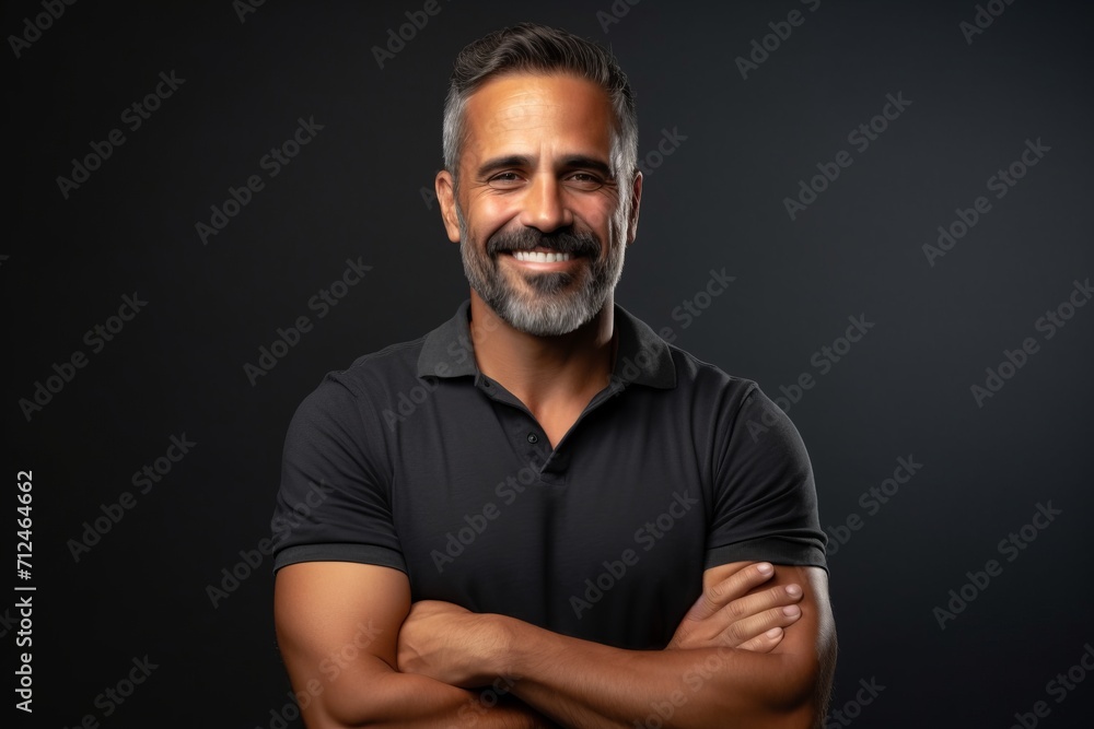 Portrait of a happy mature man with arms crossed on black background