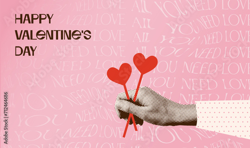 Creative Valentine's day banner with Halftone hand holding Heart shaped lollipop. Contemporary Valentine Collage of Retro celebration or sale poster for Social Media. Vector illustration 50s 60s.