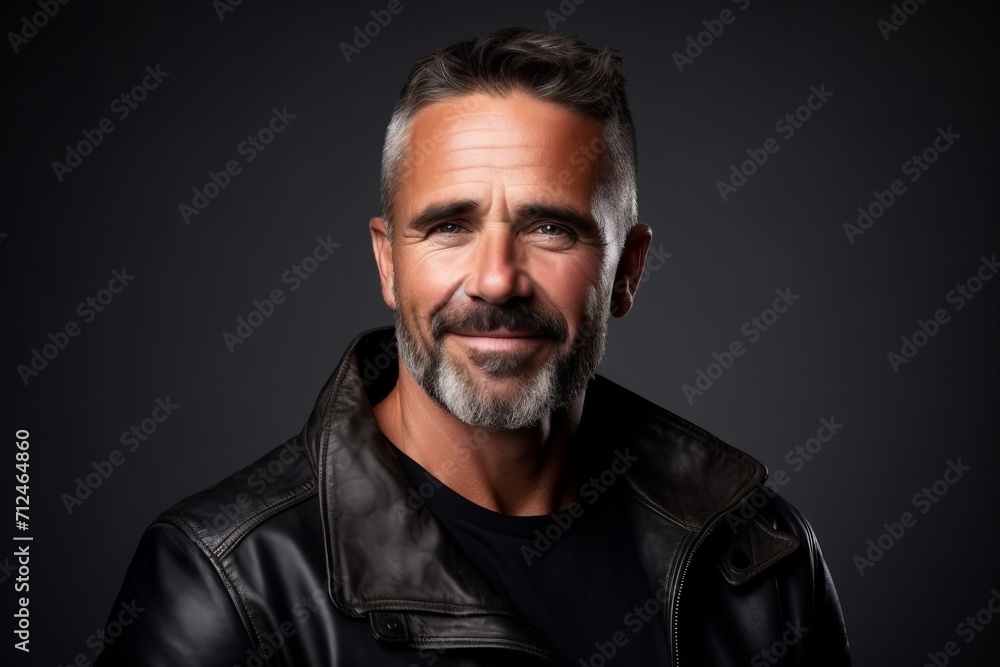 Handsome middle aged man with beard and mustache wearing a leather jacket.