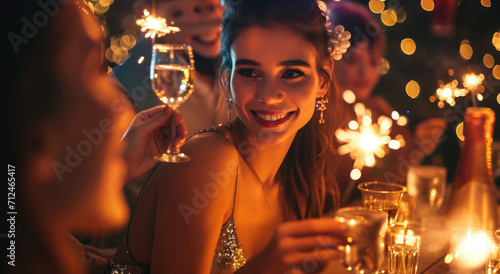 woman hold sparklers while seated at table full with friends and drinks