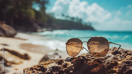 Sunglasses on Beach Rock with Tropical Sea Reflection Summer Vacation Concept