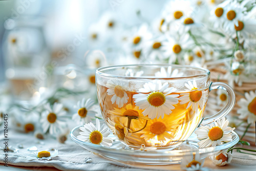 Сlose-up of a glass transparent cup with chamomile tea against bouquet of daisies