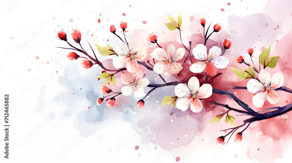 Spring Cherry Blossom Watercolor Panorama