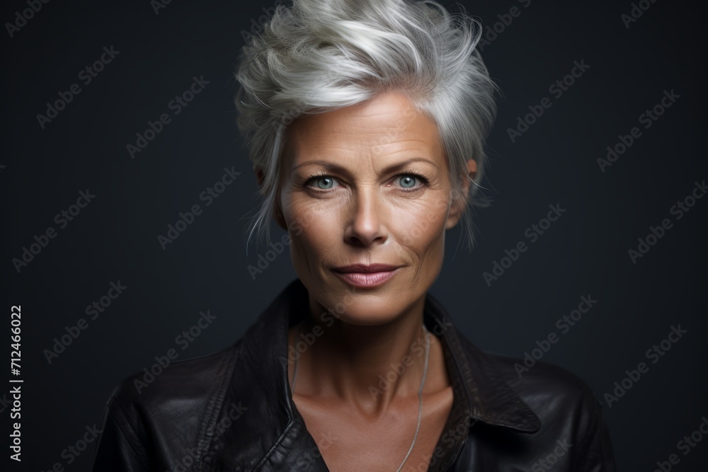 Portrait of a beautiful mature woman with short white hair and a leather jacket.