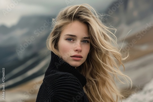 beautiful blonde woman on mountain landscape